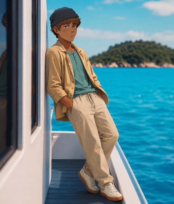 A young man in a beanie, tan jacket, and beige trousers leans casually against a boat railing, gazing across bright blue waters toward a lush green island. The serene, contemplative seascape mirrors the post's reflective tone, evoking the quiet value of infrastructure that hums along unnoticed—until it's gone.