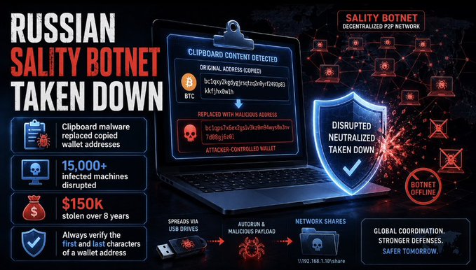 The graphic announces the takedown of the Russian "Sality Botnet," a decentralized P2P network that infected over 15,000 machines to steal $150k over 8 years by replacing copied Bitcoin and Ethereum wallet addresses via clipboard malware—visually illustrating how the attacker-controlled wallet replaced legitimate addresses, leading to its disruption.