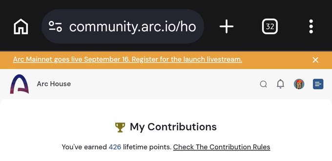 A browser screenshot of the Arc House community page (community.arc.io/h...) displaying a "My Contributions" banner announcing that the user has earned 426 lifetime points, supporting the post's claim of 426 points earned on Arc with 500 set as the next milestone. An orange banner also promotes that "Arc Mainnet goes live September 16."