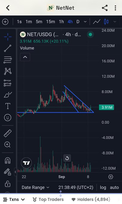 A mobile app screenshot of a cryptocurrency trading chart for "NET/USDG" on NetNet, showing a 20.11% increase and a descending triangle pattern.