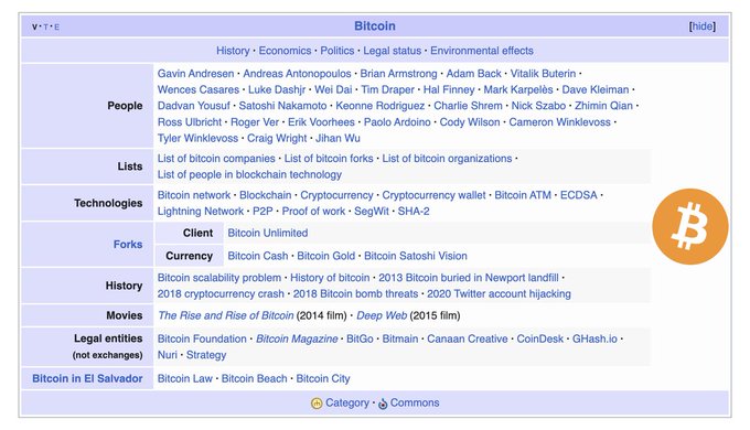 A Wikipedia-style infobox for Bitcoin (V·T·E) listing notable People like Gavin Andresen, Andreas Antonopoulos, Satoshi Nakamoto; Technologies like Blockchain and Cryptography; Forks including Bitcoin Cash and Bitcoin Gold; and various related categories.