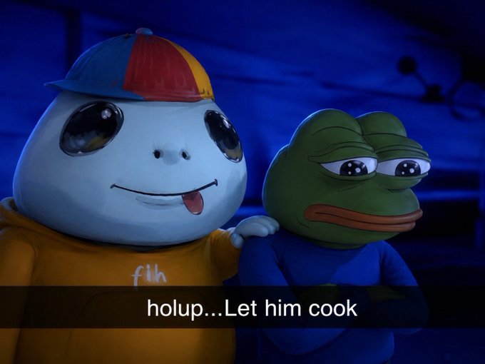 A screenshot from what appears to be a video or livestream featuring two plush toys (a white character with a colorful cap and a sad-looking Pepe the Frog) with subtitles reading 'holup...Let him cook'.
