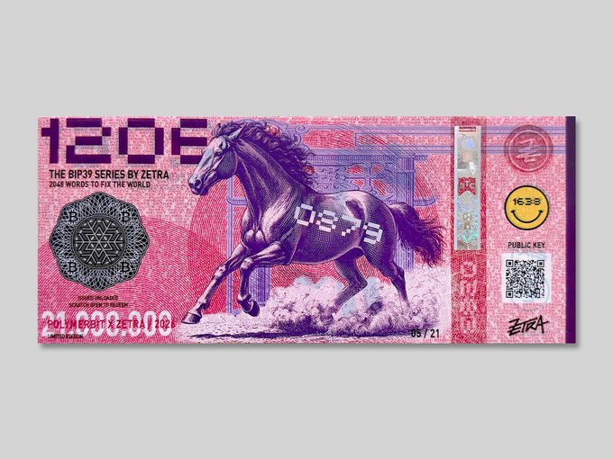 A stylized banknote artwork titled 'THE BIP39 SERIES BY ZETRA - 2048 WORDS TO FIX THE WORLD' features a galloping horse and the number '1208' in pink and purple tones.