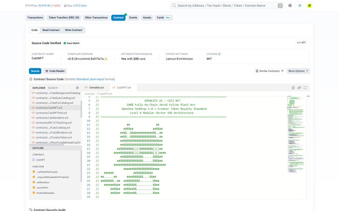 A screenshot of Etherscan showing the Contract tab for the CAIT meme token, displaying verified source code with comments mentioning 'OpenSea SeaDrop 1.0 - Creator Token Royalty Standard'.