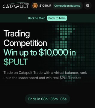 A screenshot of the Catapult Trade "Trading Competition" landing page showing a chance to win up to $10,000 in $PULT, with the competition balance displayed as $1040.17 and ending in 8h 35m 05s, highlighting the ongoing virtual balance tournament the user is currently participating in.