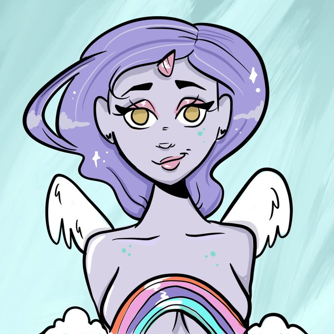 An illustration of a pale-skinned fantasy character with purple hair, a single horn on her forehead, and small white wings, with a rainbow visible at her waist.