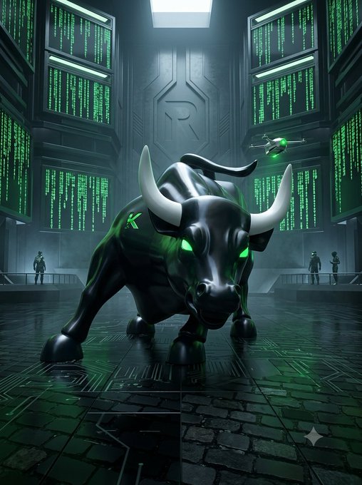 A digital illustration depicts a black bull with glowing green eyes and a green 'K' logo in a futuristic server room filled with screens displaying green code, with a small drone flying nearby.