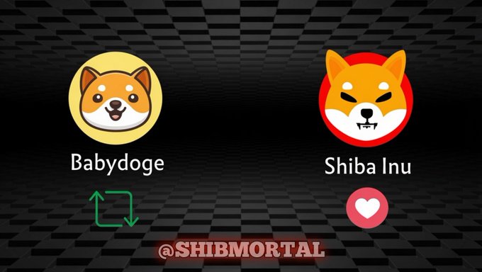 The image shows two cartoon heads, one of a Shiba Inu dog with red eyes and white whiskers, and another of a baby doge with brown ears and a pink nose. The caption below the image reads "Which meme has the strongest community? $BabyDoge".