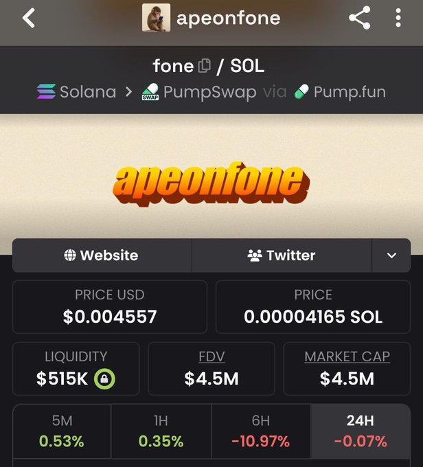 A mobile app screenshot displays a Solana-based memecoin called 'apeonfone' (fone/SOL) on PumpSwap via Pump.fun, showing a price of $0.004557, liquidity of $515K, FDV and market cap of $4.5M, and 24-hour change of -0.07%.