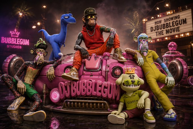 A 3D-rendered promotional image for 'DJ Bubblegum The Movie' by Bubblegum Studios features stylized characters including a monkey in a pink convertible and a mascot labeled 'CLUTCH'.