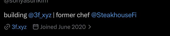 A social media bio screenshot displays the handle '@soniyasunkin' with the text 'building @3f_xyz | former chef @SteakhouseFi,' showing a June 2020 join date.