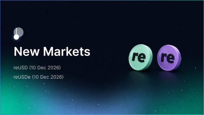 The image features a poster with two circles, one purple and one green, placed against a dark blue background. The text "New Markets" is written above the circles, while "REEEEEEEEEEEE~" is below them. The caption reads "reUSDe (Dec 2026) fixed yield on regulated insurance programs".