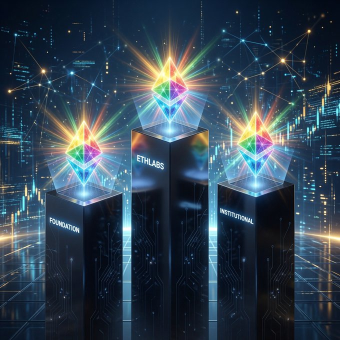 A futuristic digital illustration showing three glowing prism-topped pedestals labeled 'FOUNDATION', 'ETHLABS', and 'INSTITUTIONAL' set against a networked cityscape.