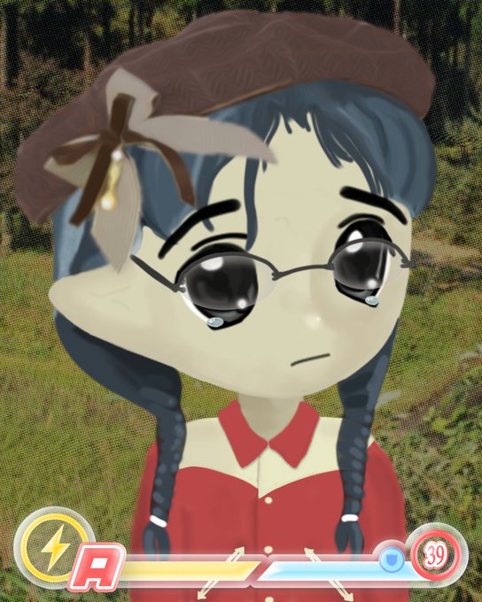 An anime-style character with blue braided hair, glasses, and a beret stands outdoors, with a game UI overlay showing an 'A' rank and level 39.