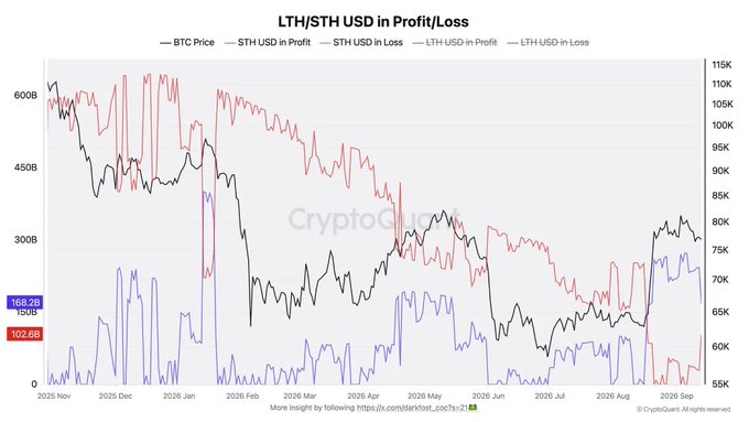 The image, titled "LTH/STH USD in Profit/Loss," is a CryptoQuant chart showing Bitcoin's price alongside the USD value held in profit and loss by long-term holders (LTH) and short-term holders (STH) from November 2025 through September 2026, with current values of 156.2B STH in profit and 102.6B LTH in loss. The chart visually illustrates CryptoQuant analyst Darkfost's insight that sustained profits among short-term holders—evident as the STH USD in Profit line remains elevated while STH losses are negligible—could signal the end of the bear market.