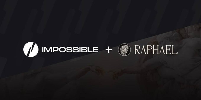A promotional graphic announcing "IMPOSSIBLE + RAPHAEL" featuring logos for both brands and a faint background image reminiscent of Michelangelo's Creation of Adam painting.