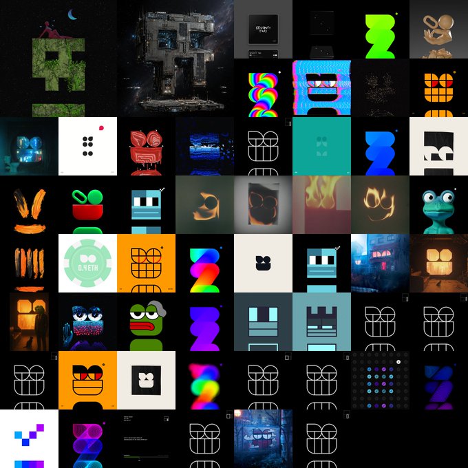 A grid collage of 56 stylized Opepen digital collectible artworks featuring cartoon faces, robots, creatures, and abstract designs in various colors and patterns. The text "O.NEON" is visible in one panel, and the collection represents the "CONSTRAINT, Set 082" NFTs owned by the user, displayed across multiple tiles in a mosaic format.