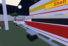 A low-resolution video game scene showing a Shell gas station with a yellow and red sign at night.