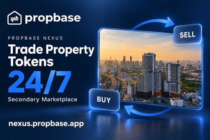 The image is a promotional graphic for "Propbase Nexus" advertising its "Trade Property Tokens 24/7" Secondary Marketplace, featuring the URL nexus.propbase.app and showing a cityscape with "BUY" and "SELL" buttons connected by circular arrows. The graphic visually reinforces the post's message by illustrating the seamless, around-the-clock onchain trading of property tokens that becomes available after the 15/30 day vesting period following the primary sale.