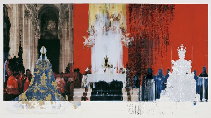 This triptych artwork titled "coronation" depicts three stylized royal figures on thrones, including a figure in a blue and gold robe, a central ethereal figure on a white throne, and a crowned queen-like figure on the right, set against a striking red background with classical architectural elements. The piece appears to be a digital NFT accompanying an Objkt.com token listing, blending traditional ceremonial imagery with contemporary glitch-art aesthetics.