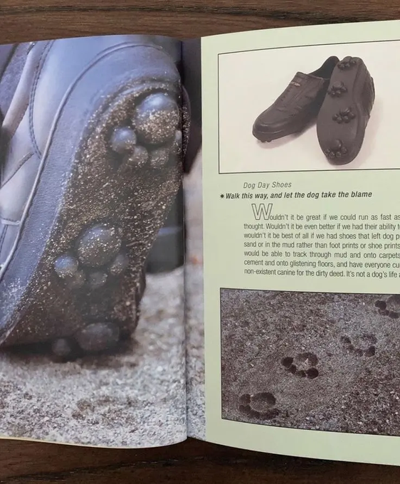 An open magazine showing a close-up of a shoe sole covered in mud and paw prints on the left page, and an article titled 'Dog Day Shoes' on the right page with images of paw-print shoes and muddy tracks.