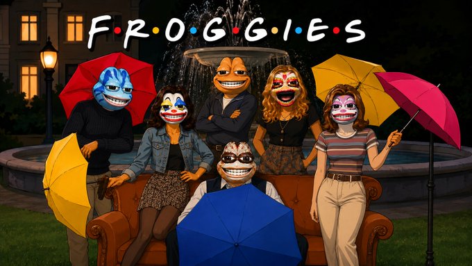 A whimsical Friends-inspired parody poster titled 'F.R.O.G.G.I.E.S' featuring the characters with frog faces holding colorful umbrellas around a fountain at night.