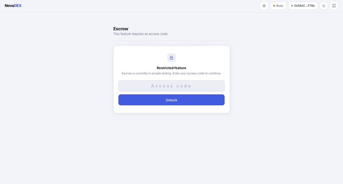 A screenshot of the NovaDEX website showing a restricted 'Escrow' feature that requires an access code, with an 'Unlock' button.