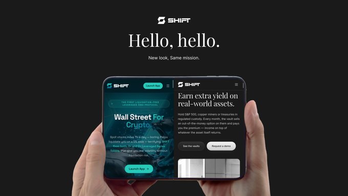 A promotional image with a black background displays the "SHIFT" logo and the headline "Hello, hello. New look, Same mission." Hands hold a smartphone showing two screens side by side—the left features an older teal-themed version of the SHIFT app promoting "Wall Street For Crypto," while the right showcases the sleek new dark-themed design with the text "Earn extra yield on real-world assets." This visual directly illustrates the post's suggestion to upgrade from the old bookmark to the new shiftrwa.xyz site.