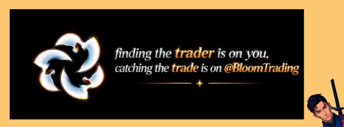 A stylized promo graphic with a glowing shuriken logo features the text "finding the trader is on you, catching the trade is on @BloomTrading," illustrating the post's point that most people lack a real process for selecting copy traders and rely solely on green PnL screenshots without proper filtering.