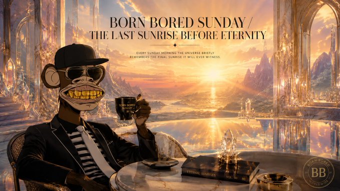 A surreal figure with a grinning monkey-like mask, wearing a cap and sunglasses, sips from a "Born Bored" mug while seated at a table with an "Eternal Sundays Vol. Three" book, set against a golden sunrise backdrop featuring the headline "BORN BORED SUNDAY / THE LAST SUNRISE BEFORE ETERNITY" with the tagline "Every Sunday morning the universe briefly remembers the final sunrise it will ever witness." The image complements the post's Sunday-themed reflection by visually embodying the calm, philosophical mindset of finding momentum and enjoyment in Web3, with the contemplative "last sunrise" motif mirroring the message of savoring small wins and connection.