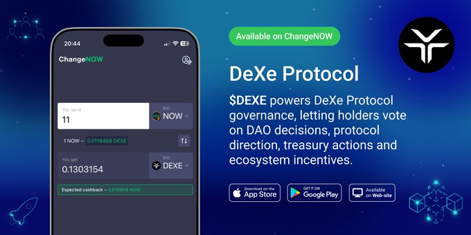This image highlights the DeXe Protocol, where $DEXE enables DAO governance, treasury management, delegation, launchpads, and reward systems, and is available on ChangeNOW. The phone screen displays a transaction interface from ChangeNOW, showing the exchange of 11 NOW for DEXE.