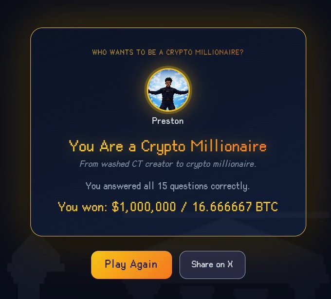The image shows a "Who Wants to Be a Crypto Millionaire?" victory screen featuring a profile picture and the name "Preston," declaring "You Are a Crypto Millionaire" for answering all 15 questions correctly and winning $1,000,000 / 16.666667 BTC, directly visualizing the poster's brag about becoming a crypto millionaire by winning the full prize amount.