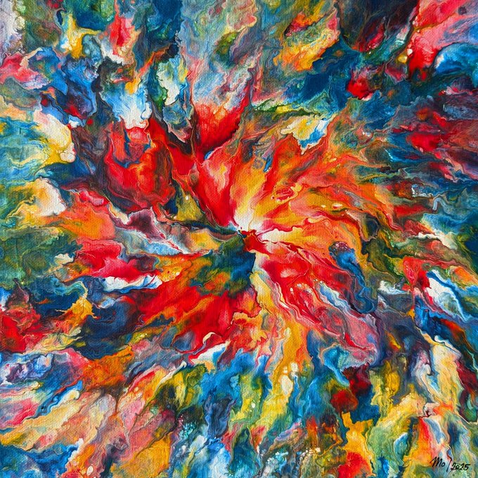 A colorful abstract painting with vibrant splashes of red, blue, yellow, and green radiating from a central focal point is signed "Mo 2025" in the bottom right corner. The artwork's fiery, explosive energy visually echoes the post's uplifting message of a "sexy" Tuesday greeting.