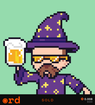 A pixel art wizard in a purple starry hat and robes holds up a foaming mug of beer, matching the "Wizards of Ord" theme of the NFT collection on the Ordinals platform. The image is marked "SOLD" with an inscription number of #5504 displayed at the bottom.