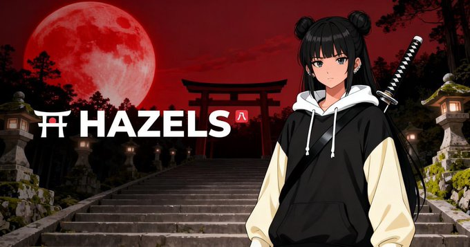 An anime-style character with a katana stands before a Japanese torii gate under a red moon, with the text 'HAZELS' displayed on the left.