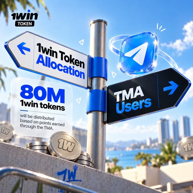 A 3D-rendered promotional image for '1Win Token' showing directional signs pointing to '1win Token Allocation' and 'TMA Users,' with text announcing '80M 1win tokens will be distributed based on points earned through the TMA.'