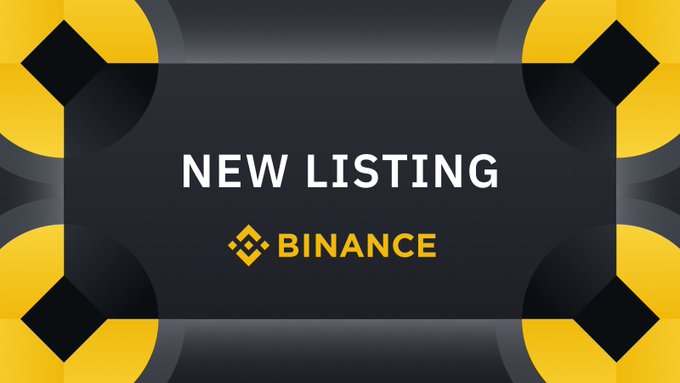 A promotional banner with a yellow and black geometric design announcing a "NEW LISTING" on Binance.