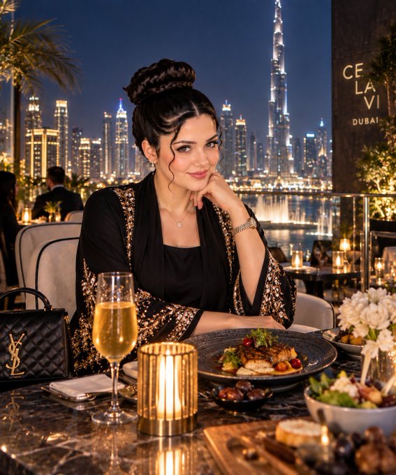 A woman with dark hair in an updo wearing a black and gold embellished outfit sits at a fine dining table with a Chanel handbag, a glass of champagne, and a meal, with the Dubai skyline including the Burj Khalifa visible in the background.