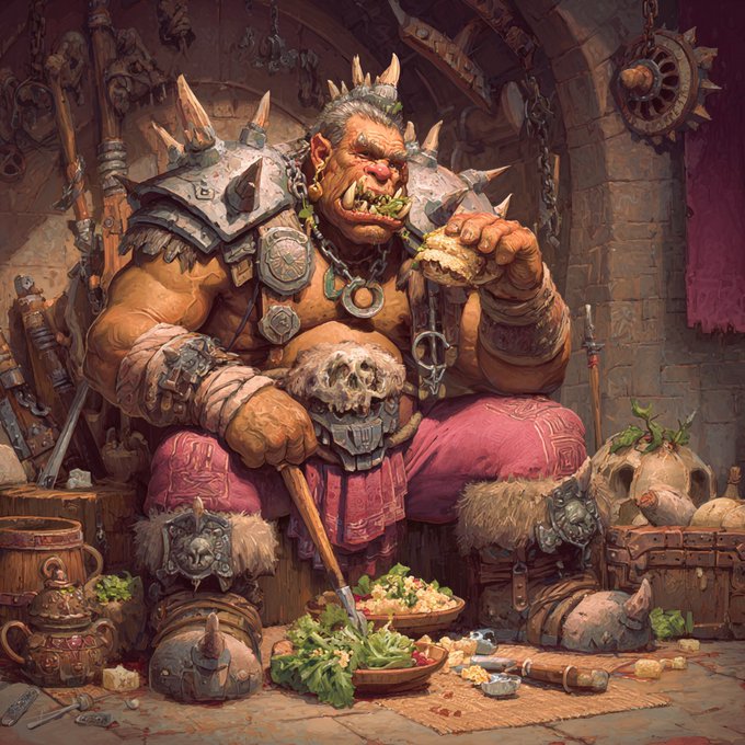 A detailed fantasy illustration depicts a large, muscular orc warrior wearing spiked armor, sitting cross-legged in a stone chamber and eating a piece of food, surrounded by skulls, weapons, and a salad bowl on the floor.
