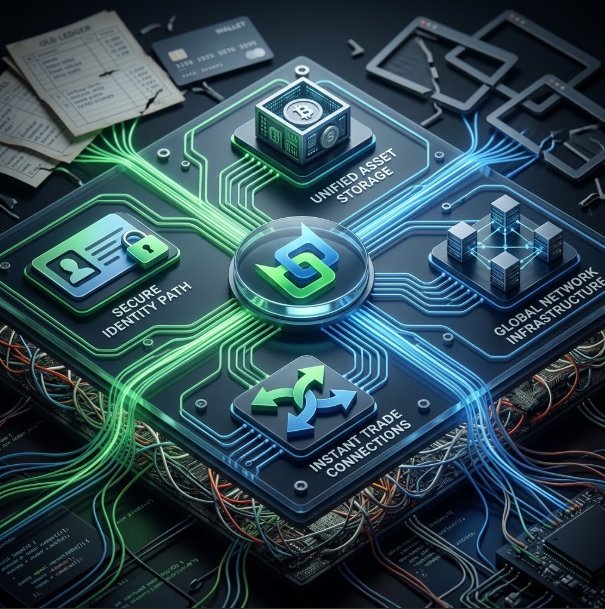 A 3D digital illustration shows a central connection hub linking components labeled 'UNIFIED ASSET STORAGE', 'SECURE PATH IDENTITY', 'GLOBAL NETWORK INFRASTRUCTURE', and 'INSTANT TRADE CONNECTIONS'.