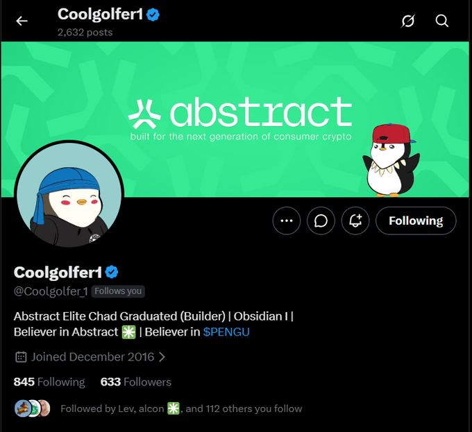 A Twitter/X profile for 'Coolgolfer1' is shown, featuring a bio stating 'Abstract Elite Chad Graduated (Builder) | Obsidian | | Believer in Abstract | Believer in $PENGU'.