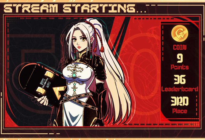 A retro-style video game 'STREAM STARTING' screen featuring an anime-style character with white hair holding a hammer, displaying 9 Coins, 36 Points, 36 Leaderboard, and 3120 Place.