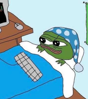 The 'Sad Pepe' meme showing the green frog character wearing a blue polka-dot nightcap, lying in bed under a blue blanket.