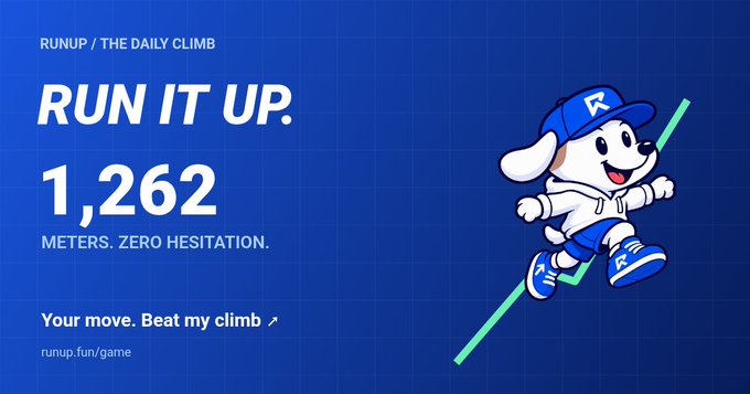 A blue promotional graphic for 'RUNUP / THE DAILY CLIMB' game showing 'RUN IT UP. 1,262 METERS. ZERO HESITATION.' next to an illustration of a cartoon dog character in a white shirt and blue cap.