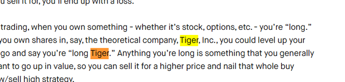 A snippet of text explaining stock trading terminology, with the word 'Tiger' highlighted in yellow as an example of a stock symbol.