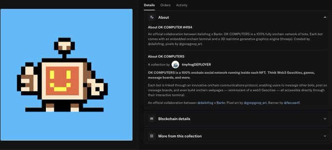 An NFT project page for 'OK COMPUTER #894' featuring a pixel art character with a smiley face on a blue background, described as 'a 100% onchain social network running inside each NFT' by tinyfrogDEPLOYER.