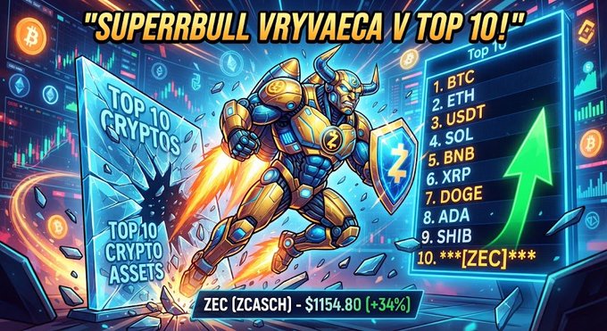 A promotional crypto graphic titled 'SUPERRBULL VRYVAEGA V TOP 10!' features a bull-headed warrior character and a 'Top 10 Cryptos' list led by BTC, ETH, USDT, and SOL, with ZEC [ZCASCH] shown at $1154.80 (+3.4%).