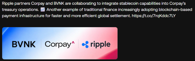 The image is a graphic announcing a partnership between BVNK, Corpay, and Ripple to integrate stablecoin capabilities into Corpay's treasury operations. It complements the post's commentary on Mastercard's acquisition of BVNK by highlighting Ripple's earlier groundwork in stablecoin payments and global settlement infrastructure with $XRP and RippleNet.