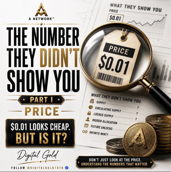 A promotional graphic for 'A Network' digital gold titled 'The Number They Didn't Show You - Part I: Price', questioning whether $0.01 looks cheap, with sections on supply, circulating supply, and locked supply.