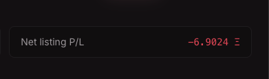 A dark screen displaying 'Net listing P/L' with a red value of '-6.9024' shown in a digital font.